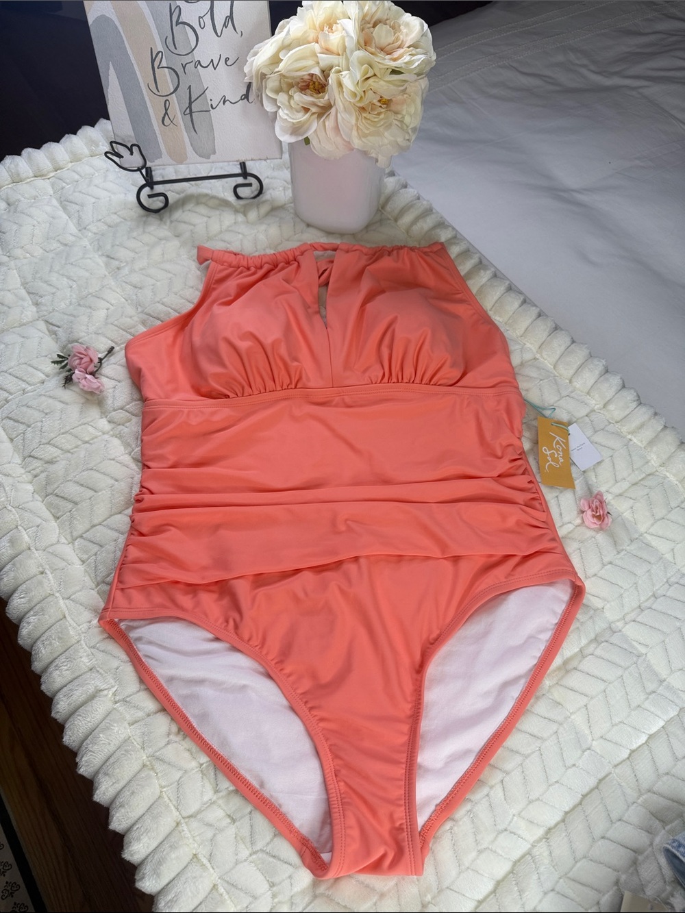 Tummy Control Plus Size Halter Cut Out Coral One-Piece Swimsuit Ruched Front